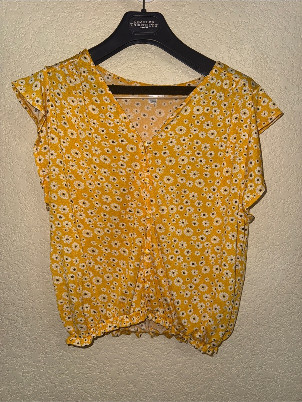Orange Kiss Yellow Daisy Floral Crop Top Womens Large Button Front Boho